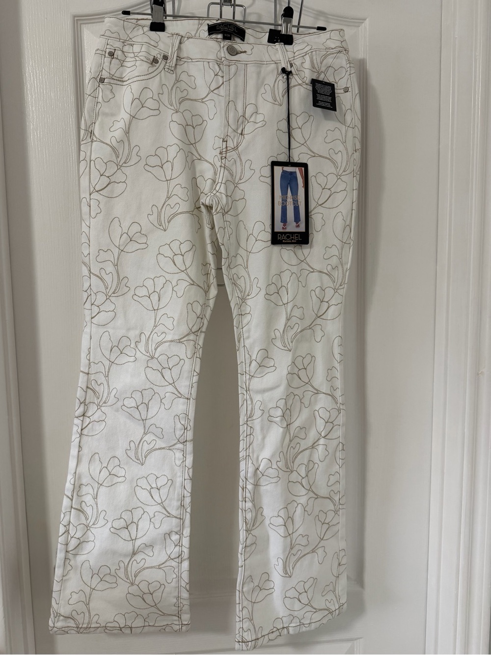Rachel White Flare Jeans with Tan Floral Stitching